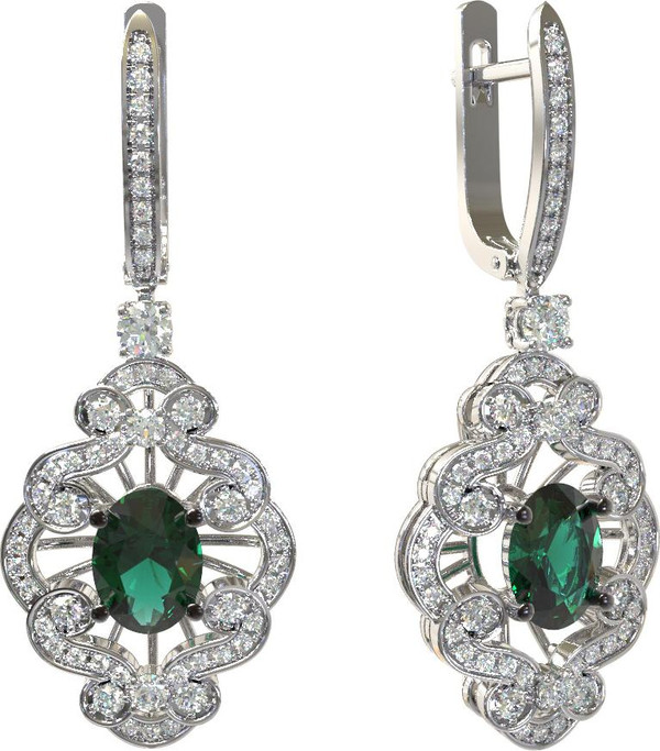 Серьги из белого золота 585 пробы c бриллиантами и изумрудом