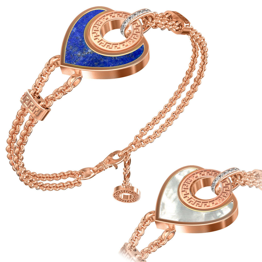 Браслет из красного золота 585 пробы c фианитом, лазуритом и перламутром