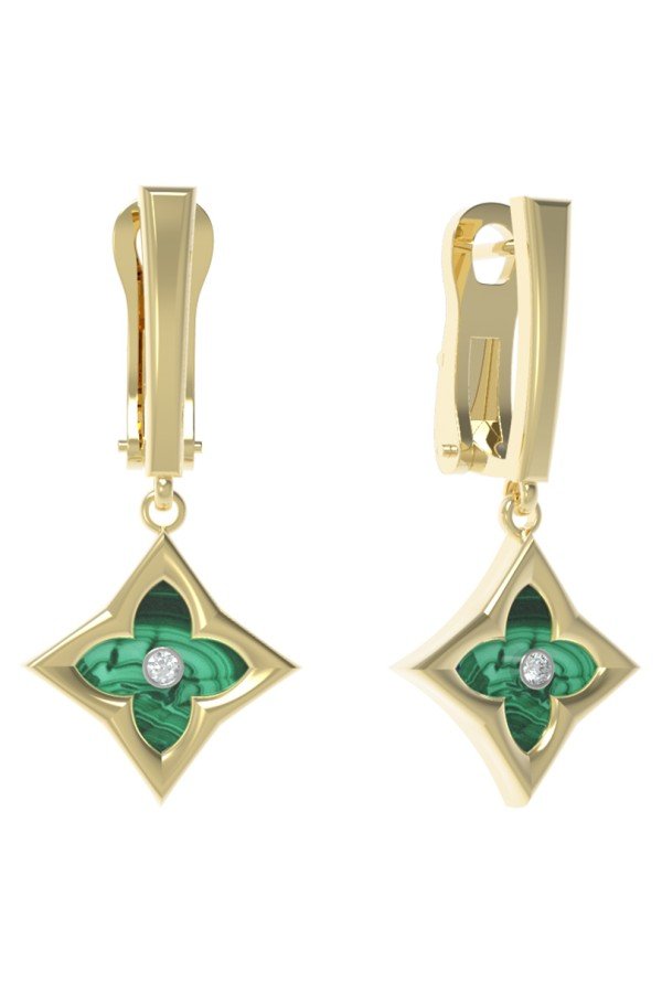 Серьги из лимонного золота c бриллиантами и малахитом