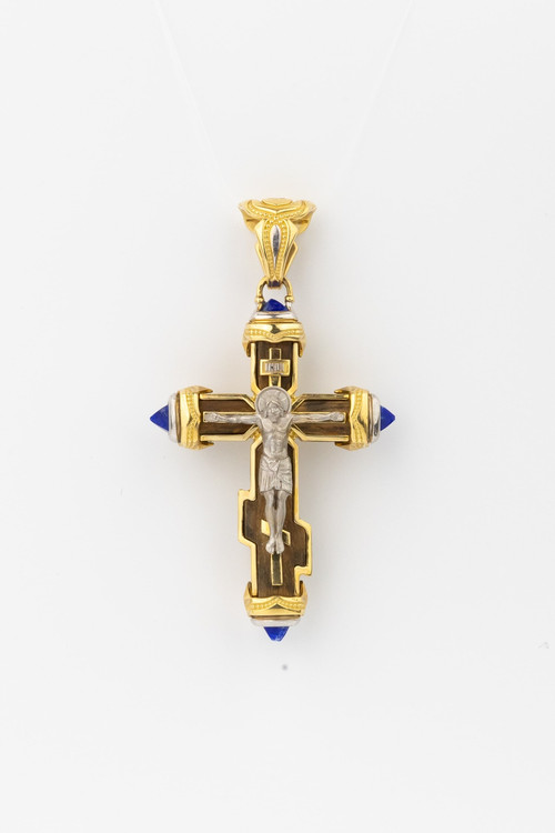 Крест из лимонного золота 585 пробы c лазуритом и железным деревом