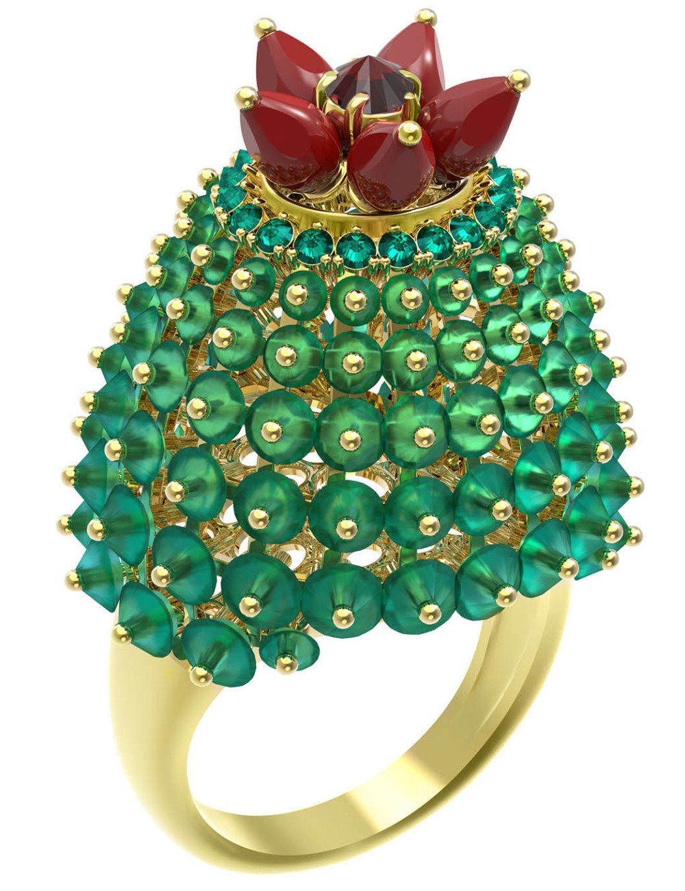 Кольцо из лимонного золота c гранатом, хризопразом, изумрудом и кораллом