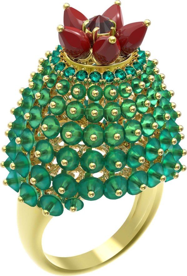 Кольцо из лимонного золота c гранатом, хризопразом, изумрудом и кораллом
