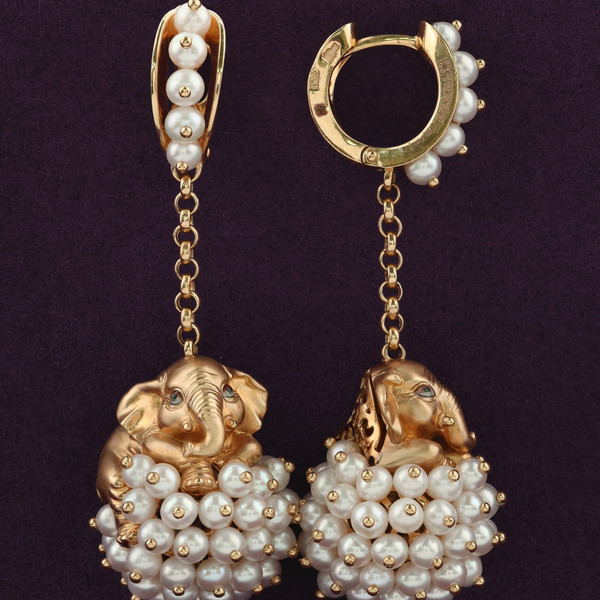 Серьги из красного золота 585 пробы c эмалью и жемчугом