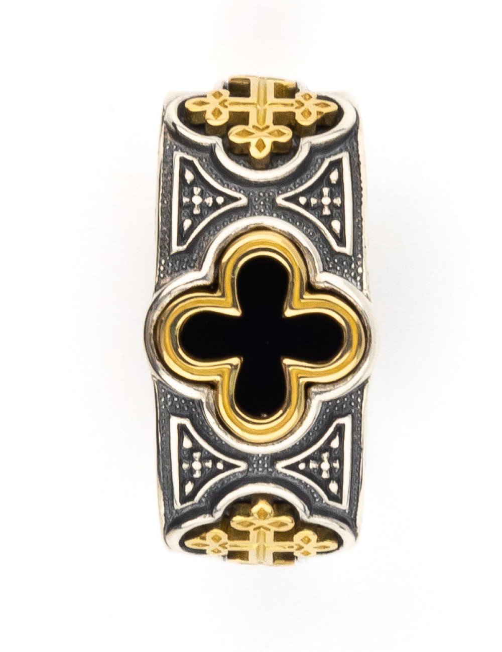 Кольцо из серебра и золота c ониксом и рубином