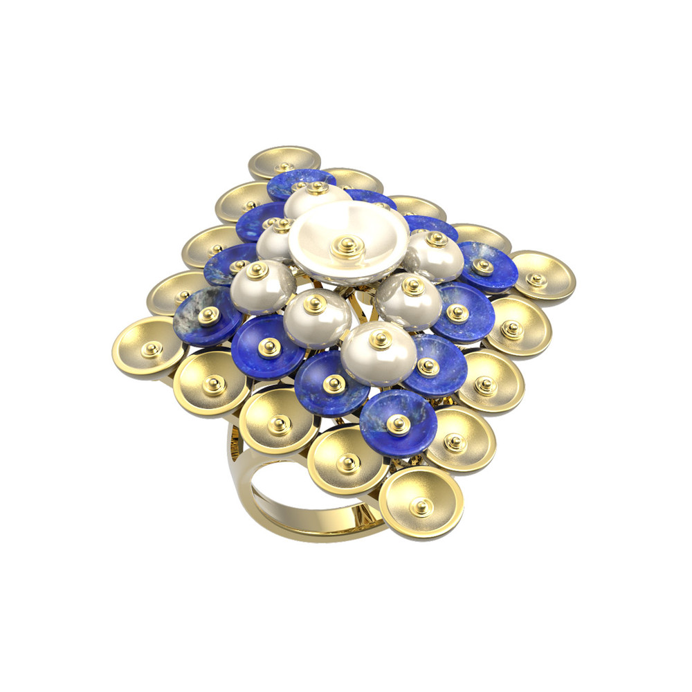 Кольцо из лимонного золота 585 пробы c лазуритом и перламутром