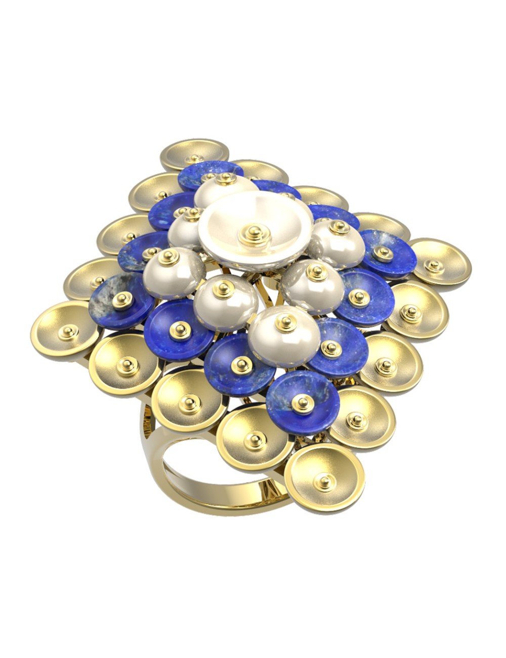 Кольцо из лимонного золота c лазуритом и перламутром