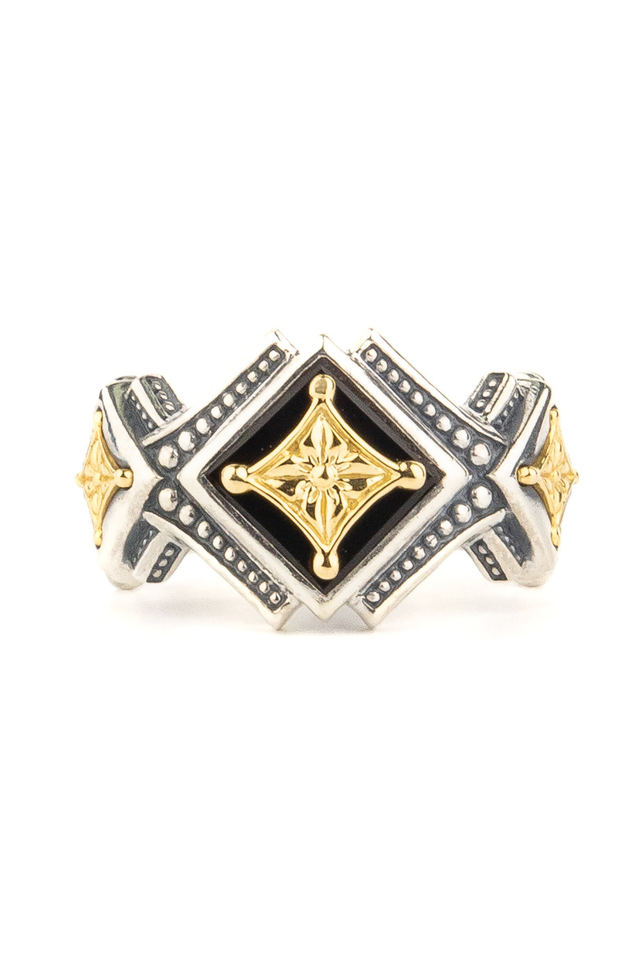 Кольцо из серебра 925 пробы и золота 750 пробы c ониксом и рубином