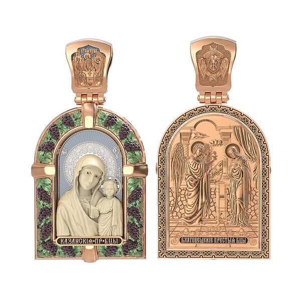 Нательная икона из красного золота 585 пробы c эмалью и бивнем мамонта