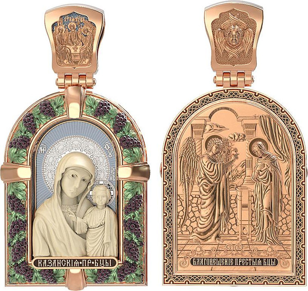 Нательная икона из красного золота 585 пробы c эмалью и бивнем мамонта