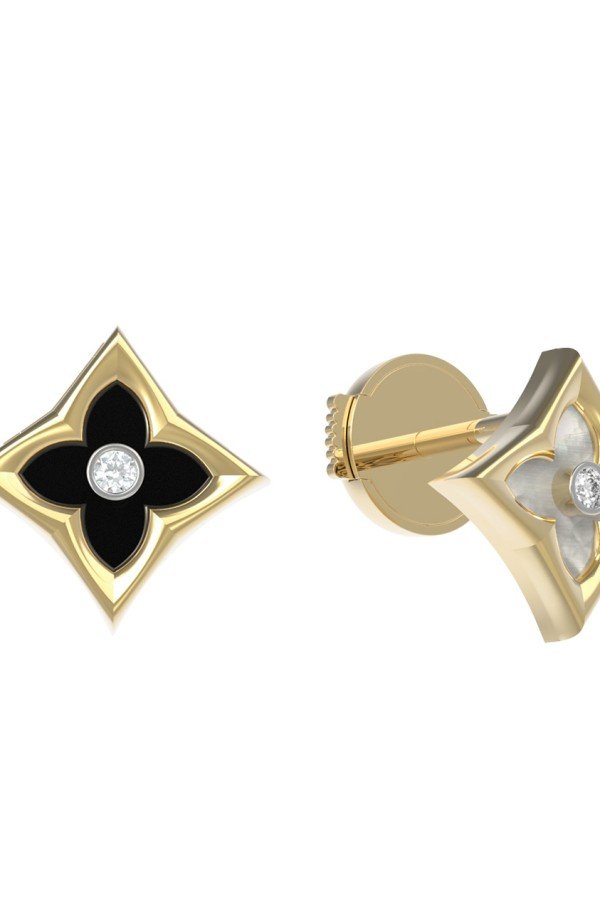 Серьги из лимонного золота c бриллиантами, ониксом и перламутром