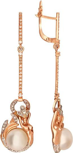 Серьги из красного золота 585 пробы c бриллиантами и жемчугом