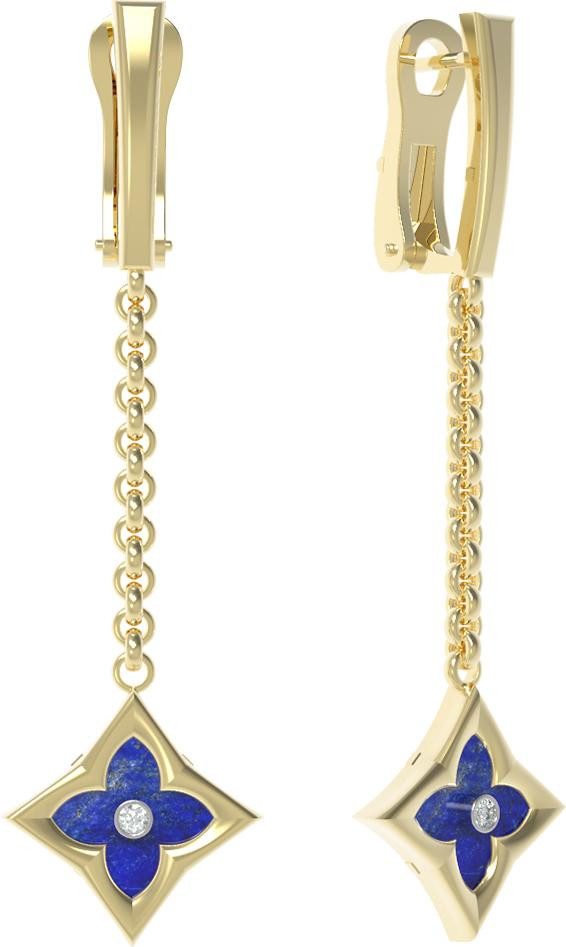 Серьги из лимонного золота 585 пробы c бриллиантами и лазуритом