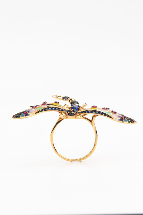 Кольцо из красного золота 585 пробы c фианитом, рубином, сапфиром и эмалью