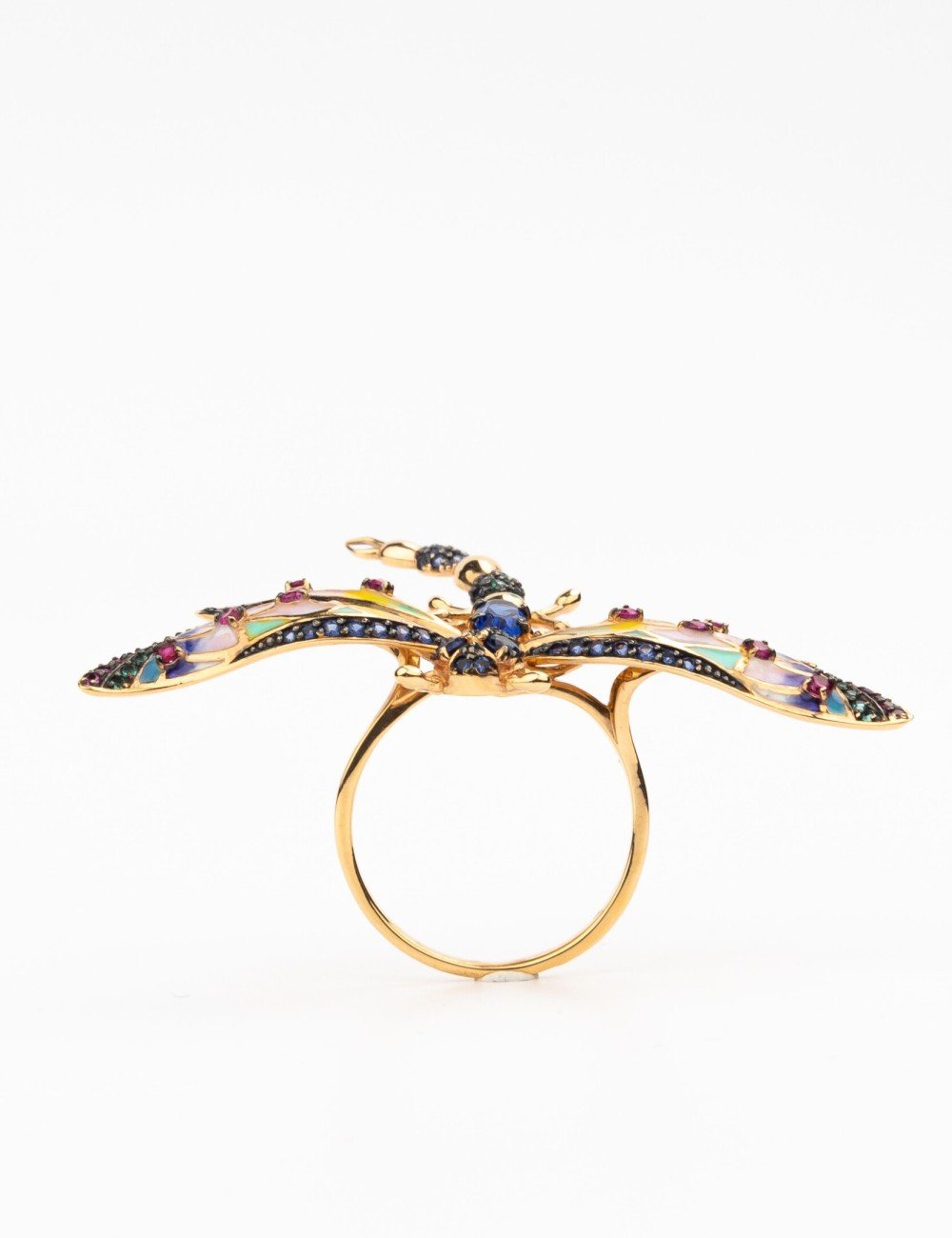 Кольцо из золота c фианитом, рубином, сапфиром и эмалью