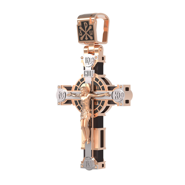 Крест из красного золота 585 пробы c эмалью и эбеновым деревом