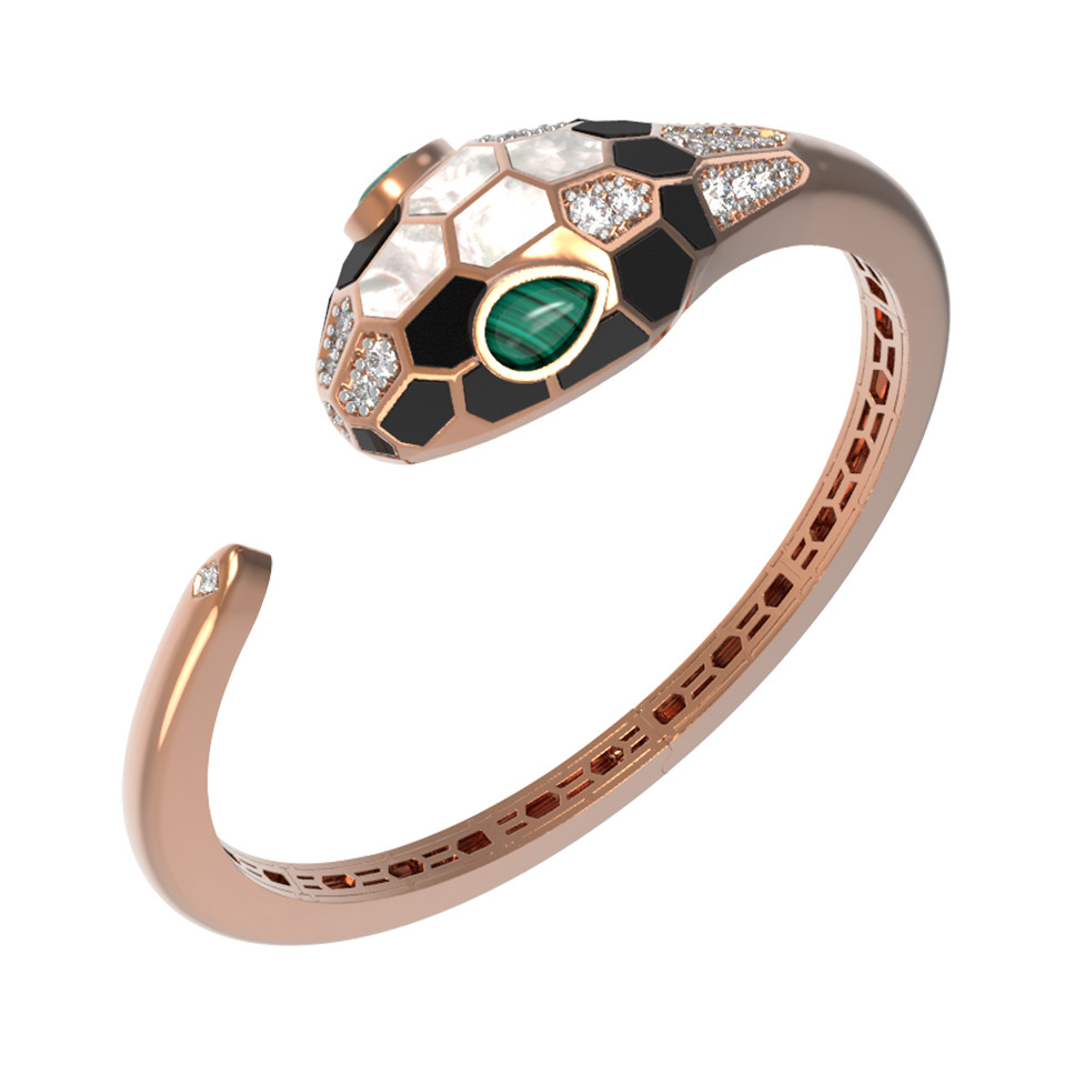 Браслет из красного золота 585 пробы c бриллиантами, рубином, ониксом, малахитом и перламутром