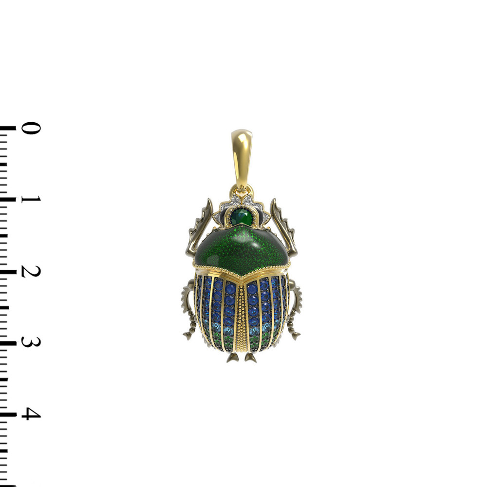 Подвеска из лимонного золота 585 пробы c эмалью, фианитом, турмалином и сапфиром
