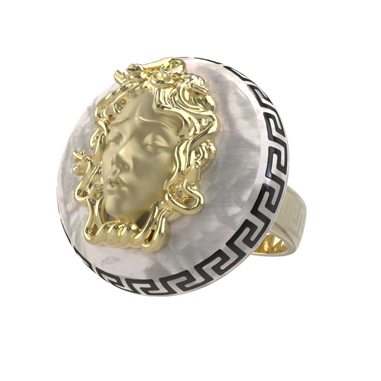 Кольцо из лимонного золота 585 пробы c эмалью и перламутром