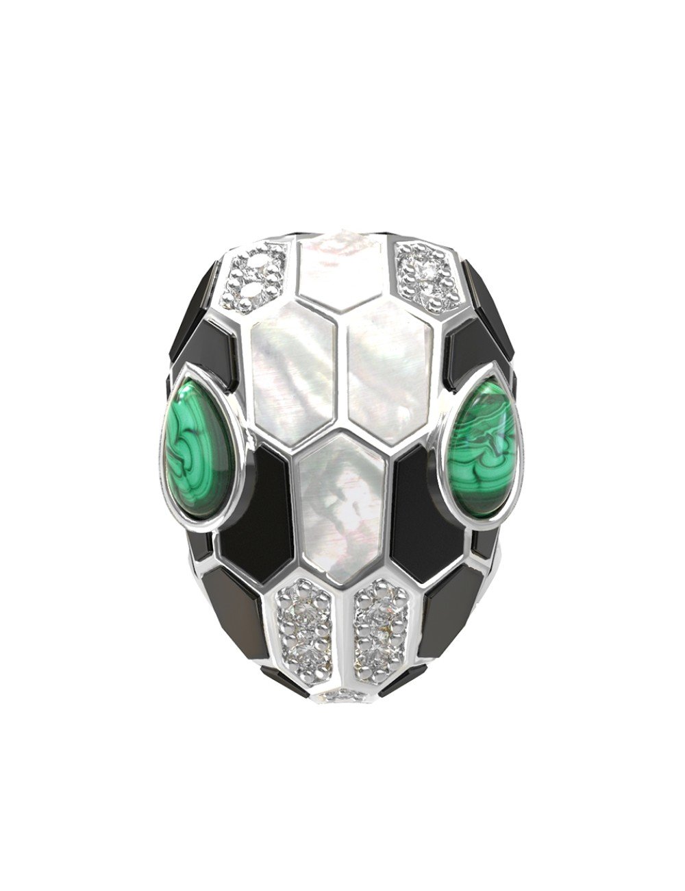 Кольцо из белого золота c бриллиантами, рубином, ониксом, малахитом и перламутром