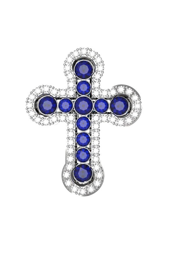 Крест из белого золота c бриллиантами и сапфиром