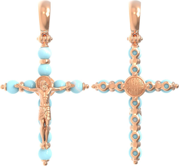 Крест из красного золота 585 пробы c бирюзой