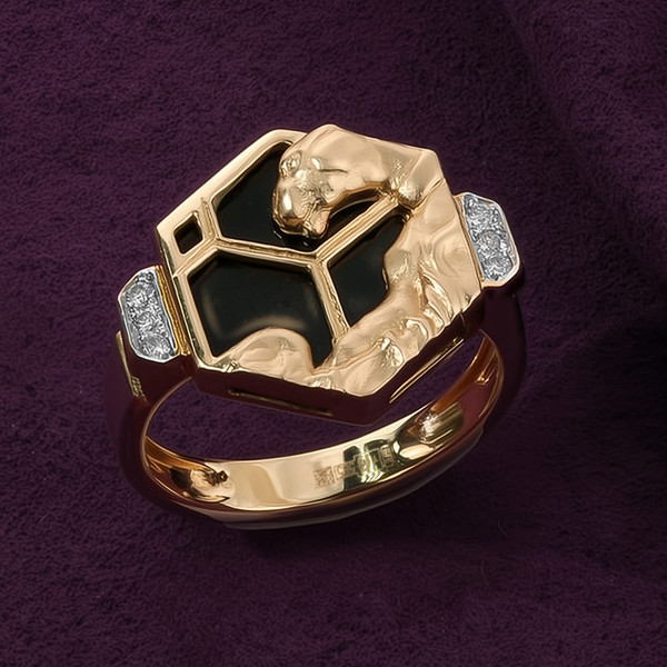 Кольцо из красного золота 585 пробы c бриллиантами и ониксом