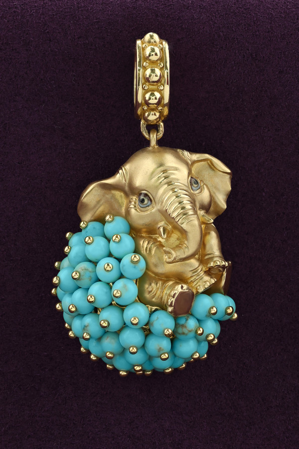 Подвеска из лимонного золота 585 пробы c эмалью и бирюзой