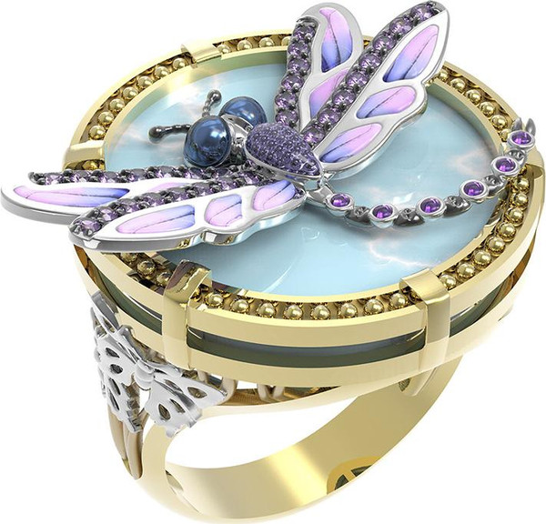 Кольцо из лимонного золота 585 пробы c бирюзой, аметистом и эмалью