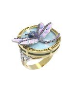 Кольцо из лимонного золота c бирюзой, аметистом и эмалью
