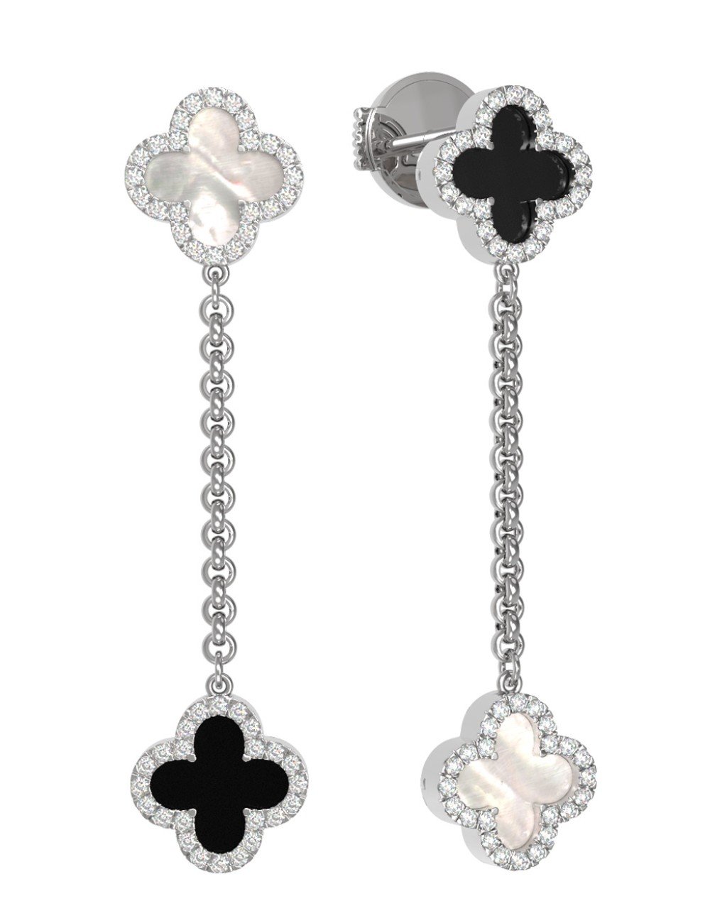 Серьги из белого золота c бриллиантами, ониксом и перламутром