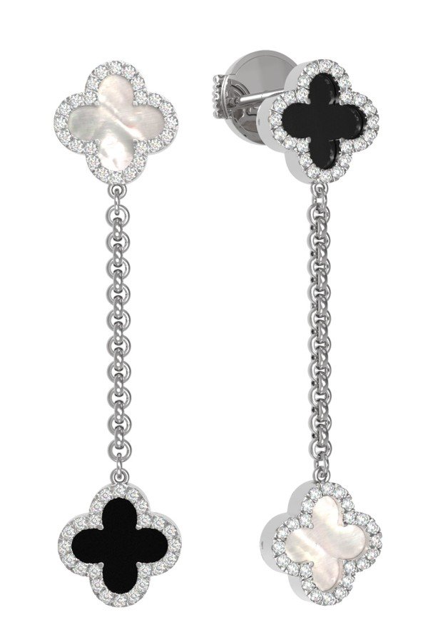 Серьги из белого золота c бриллиантами, ониксом и перламутром