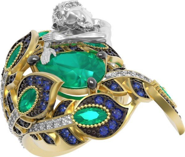 Кольцо из лимонного золота c фианитом и хризопразом