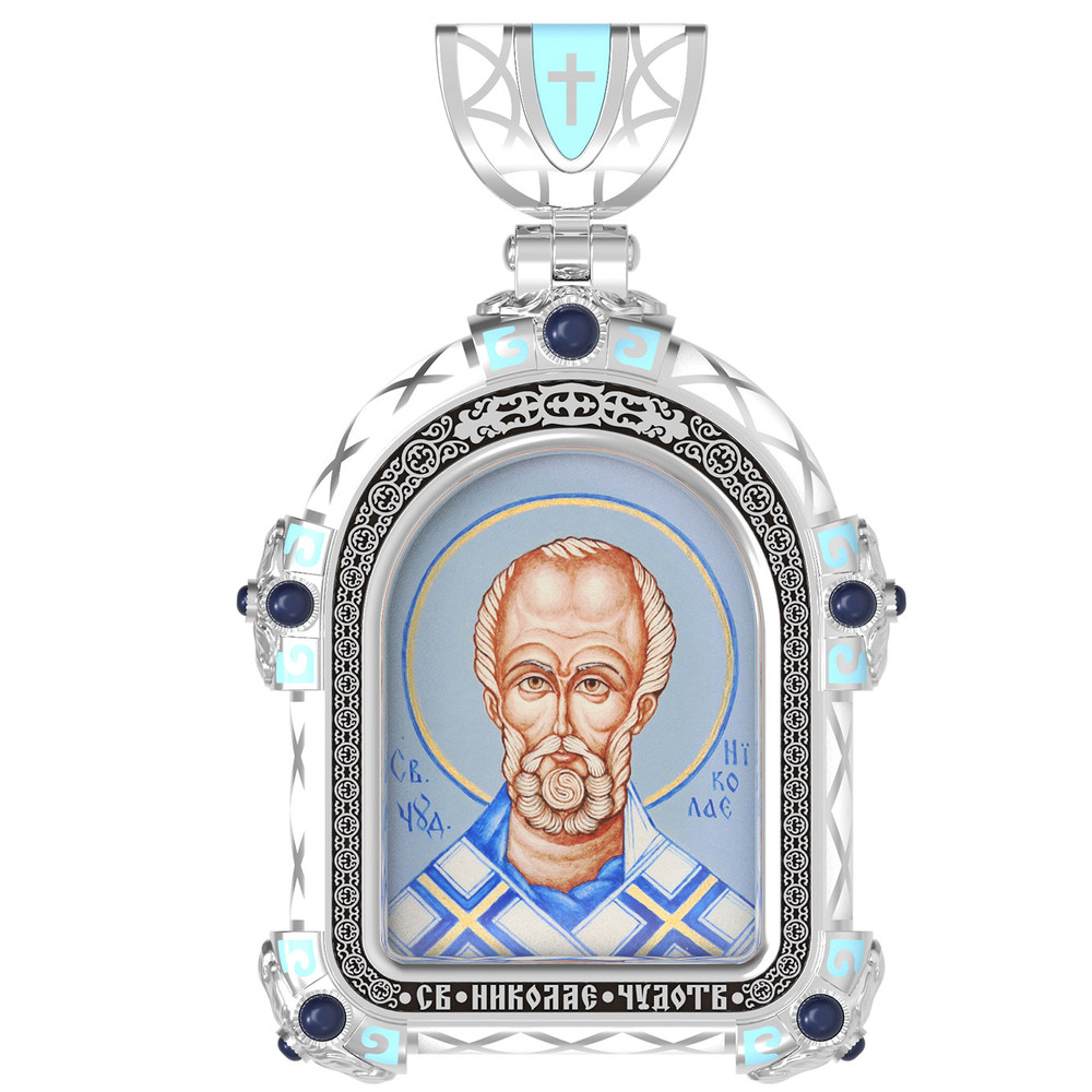 Нательная икона из белого золота 585 пробы c эмалью, иконописью и темперой