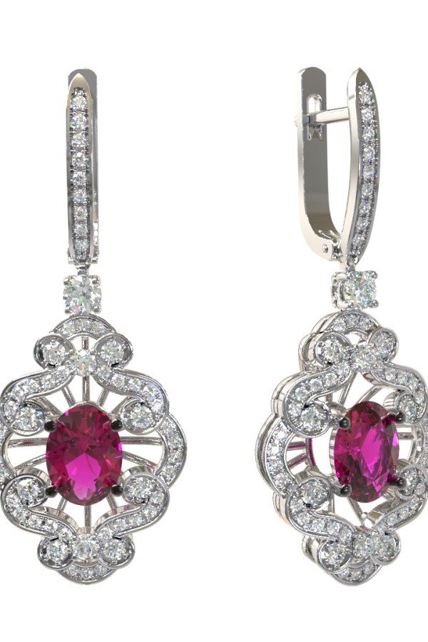 Серьги из белого золота c бриллиантами и рубином
