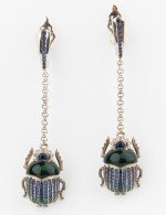 Серьги из белого золота c эмалью, фианитом и сапфиром