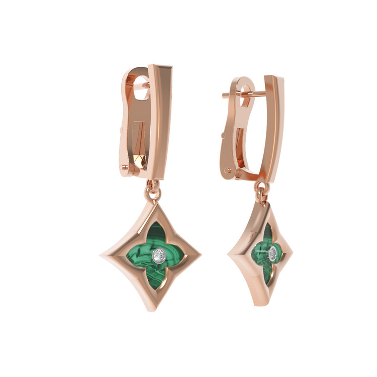 Серьги из красного золота 585 пробы c бриллиантами и малахитом