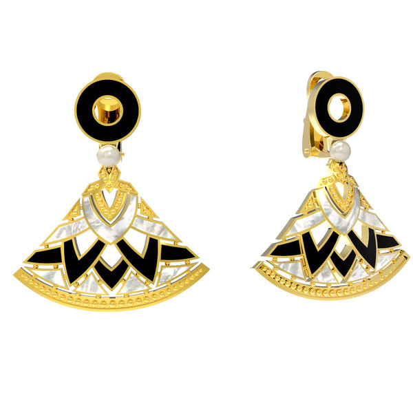 Серьги из лимонного золота 585 пробы c жемчугом, ониксом и перламутром