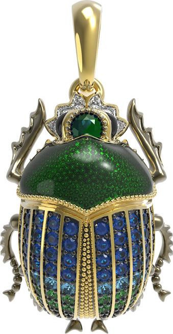 Подвеска из лимонного золота 585 пробы c эмалью, фианитом, турмалином и сапфиром