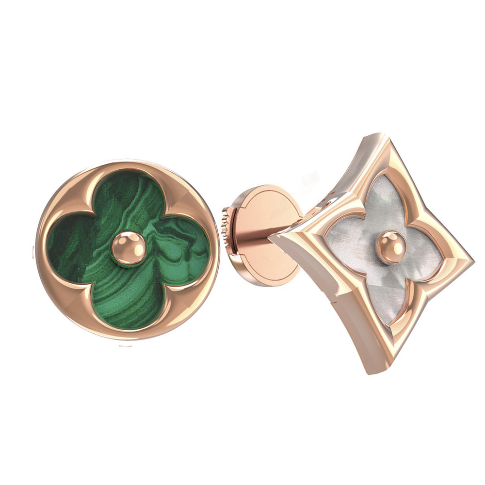 Серьги из красного золота 585 пробы c малахитом и перламутром