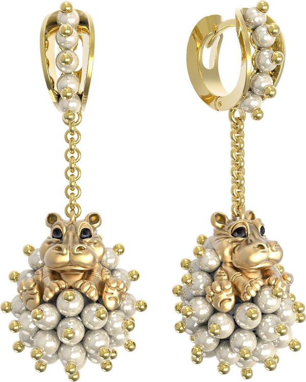 Серьги из лимонного золота 585 пробы c эмалью и жемчугом