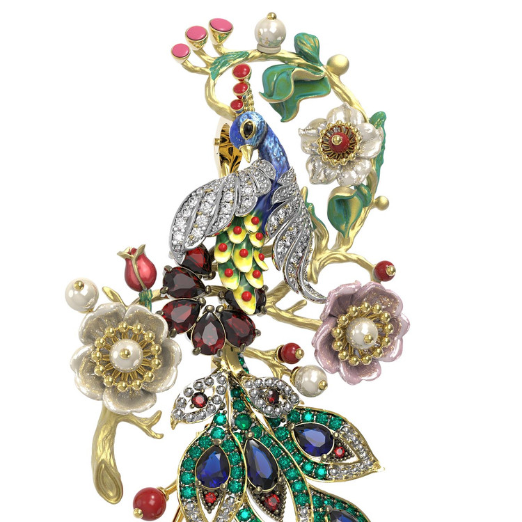 Брошь-подвеска из лимонного золота 585 пробы c эмалью, фианитом, гранатом, жемчугом, сапфиром, кораллом и перламутром