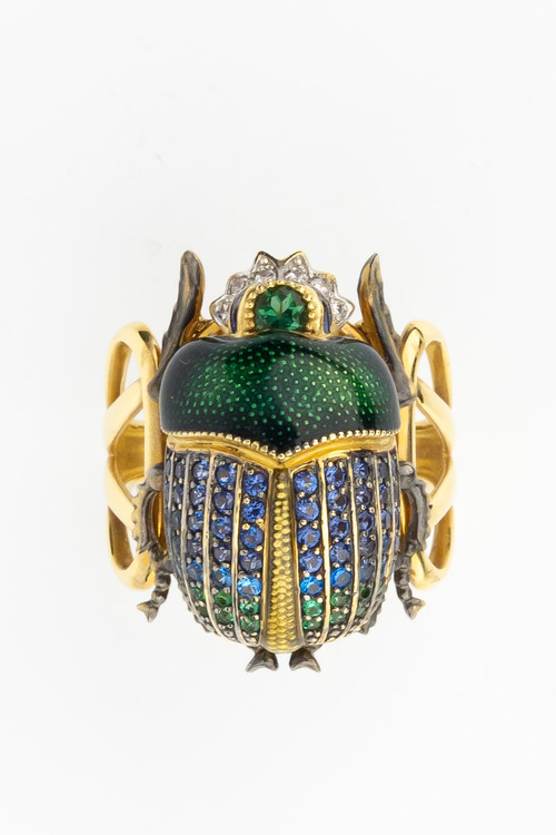 Кольцо из лимонного золота 585 пробы c эмалью, фианитом и турмалином