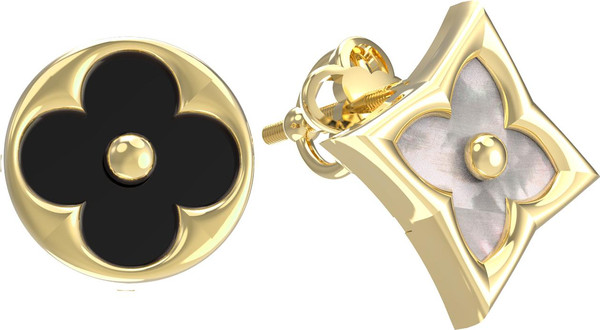 Серьги из лимонного золота 585 пробы c ониксом и перламутром