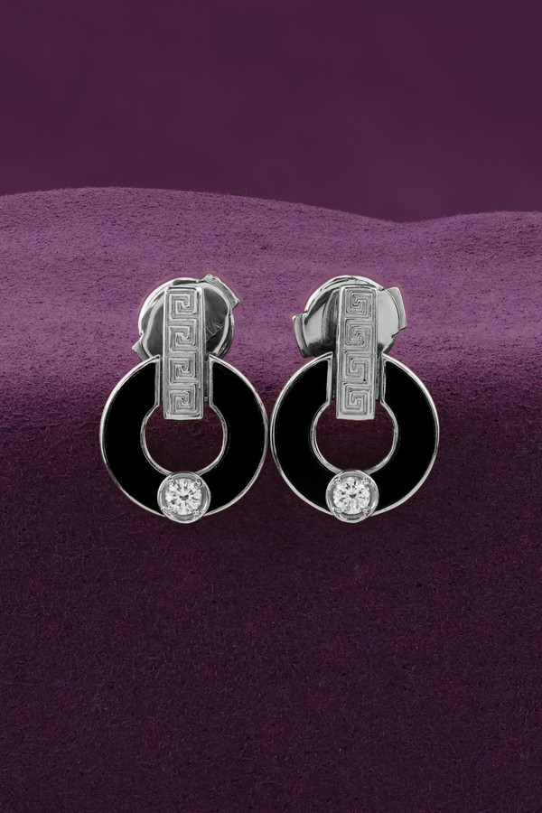 Серьги из белого золота 585 пробы c бриллиантами и ониксом