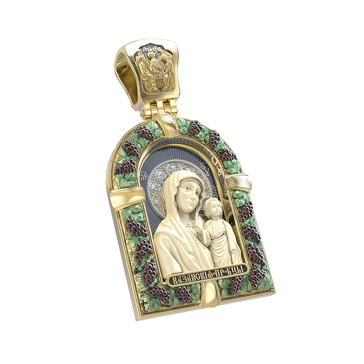 Нательная икона из лимонного золота 585 пробы c эмалью и бивнем мамонта