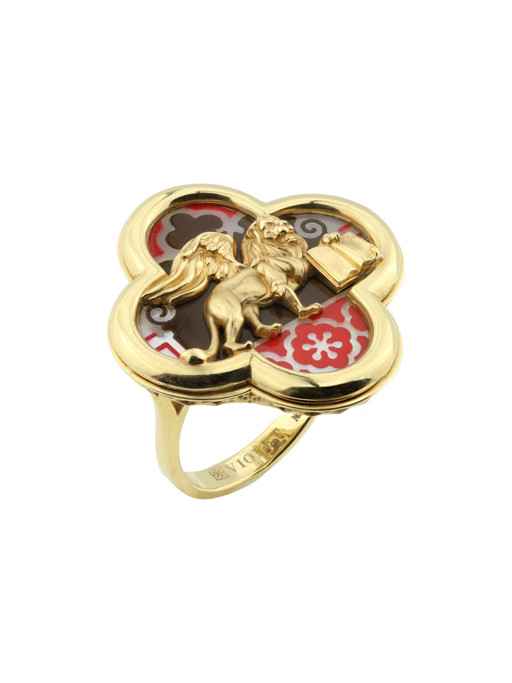 Кольцо из лимонного золота 585 пробы c эмалью и перламутром