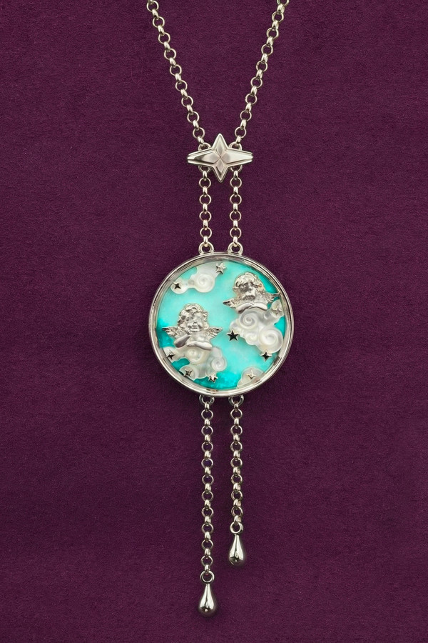 Колье из белого золота 585 пробы c бирюзой и перламутром