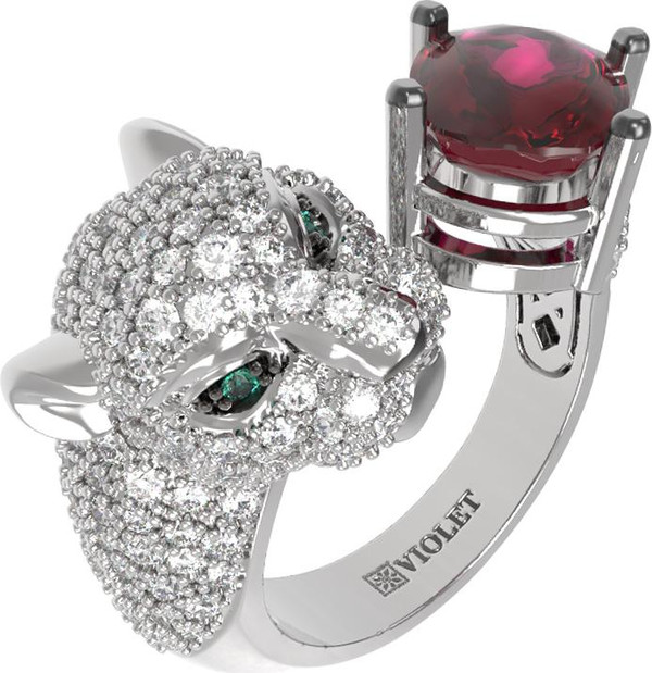 Кольцо из белого золота 585 пробы c бриллиантами, рубином и изумрудом