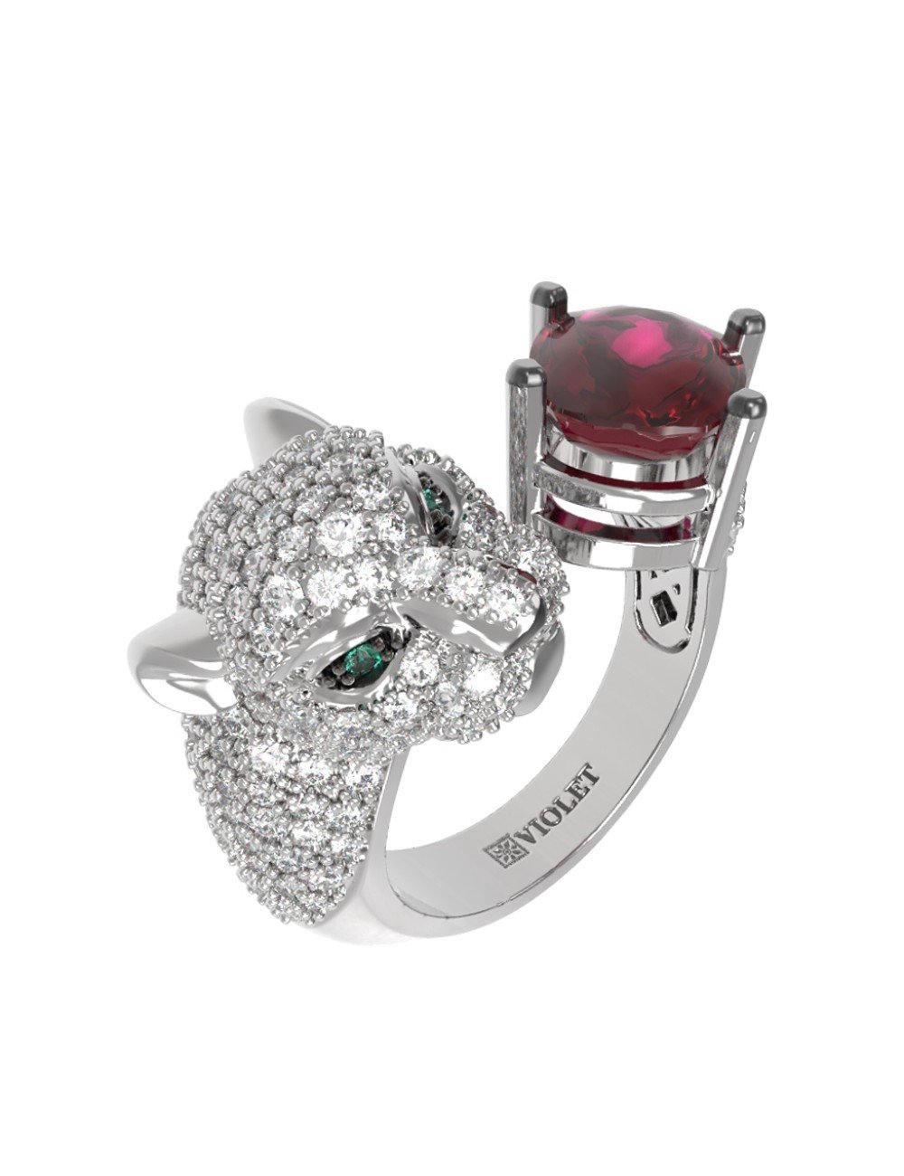 Кольцо из белого золота c бриллиантами, рубином и изумрудом
