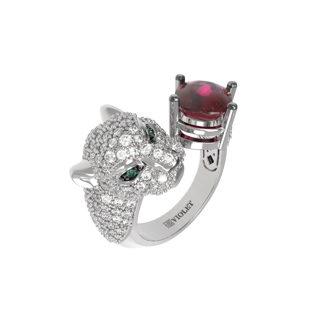 Кольцо из белого золота 585 пробы c бриллиантами, рубином и изумрудом